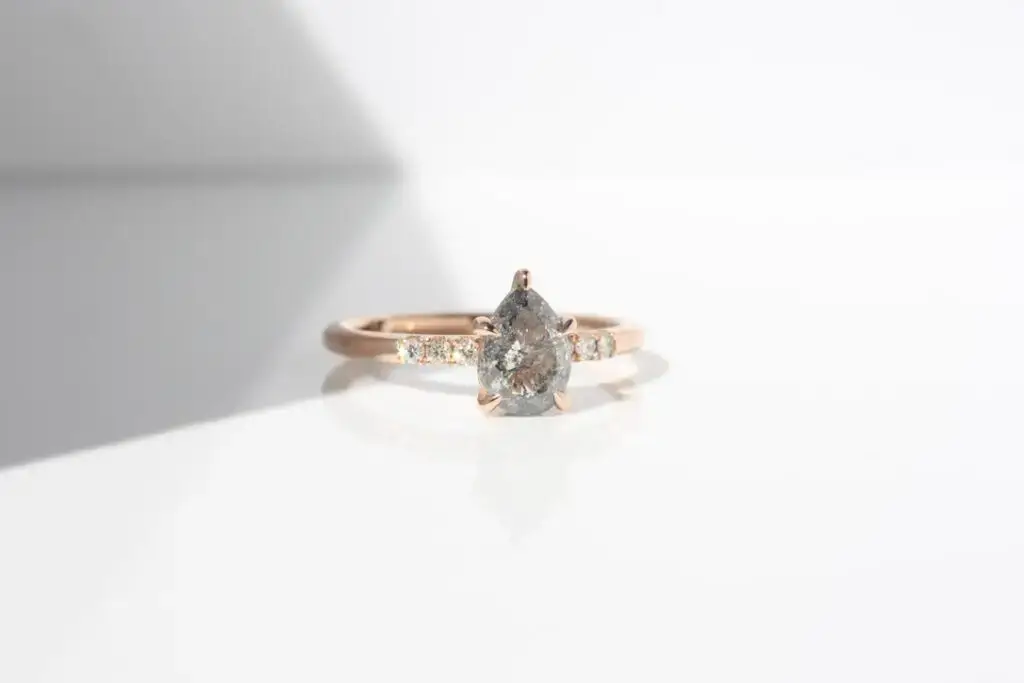 Pear shape diamond solitaire ring, pear diamond, pear cut diamond, salt and pepper diamond, engagement ring, diamond engagement ring, diamond ring, rose gold ring, Solitaire ring, Danielle Camera Jewellery