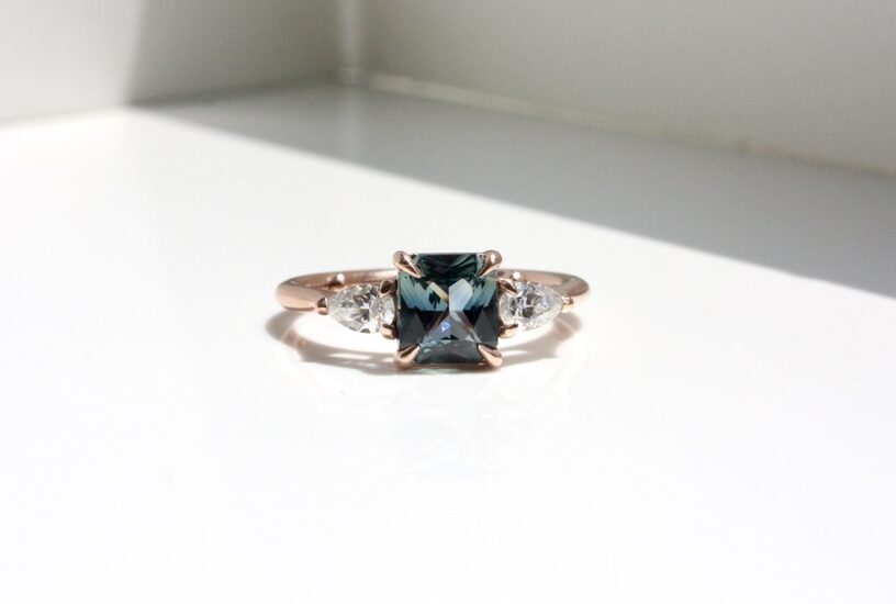 Sapphire and Diamond Trilogy Ring, sapphire, peacock sapphire, teal sapphire, swuare sapphire, gemstone ring, pear diamond, diamond, natural gemstone, rose gold ring, engagement ring, sapphire ring, Danielle Camera Jewellery