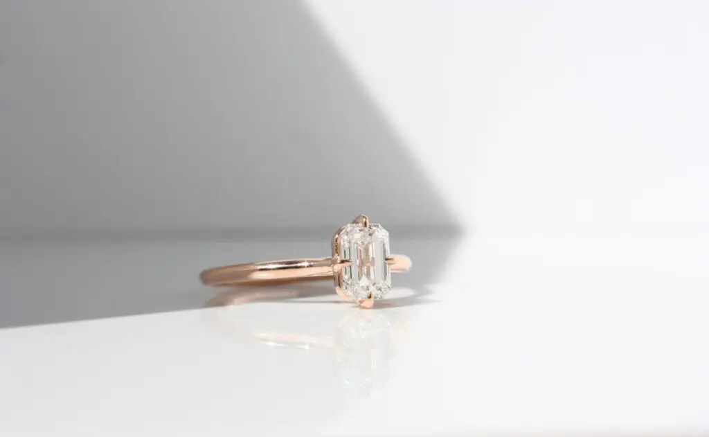 emerald cut diamond solitaire ring, diamond, lab-grown diamond, engagement ring, diamond engagement ring, diamond ring, rose gold ring, Solitaire ring, compass ring, Danielle Camera Jewellery
