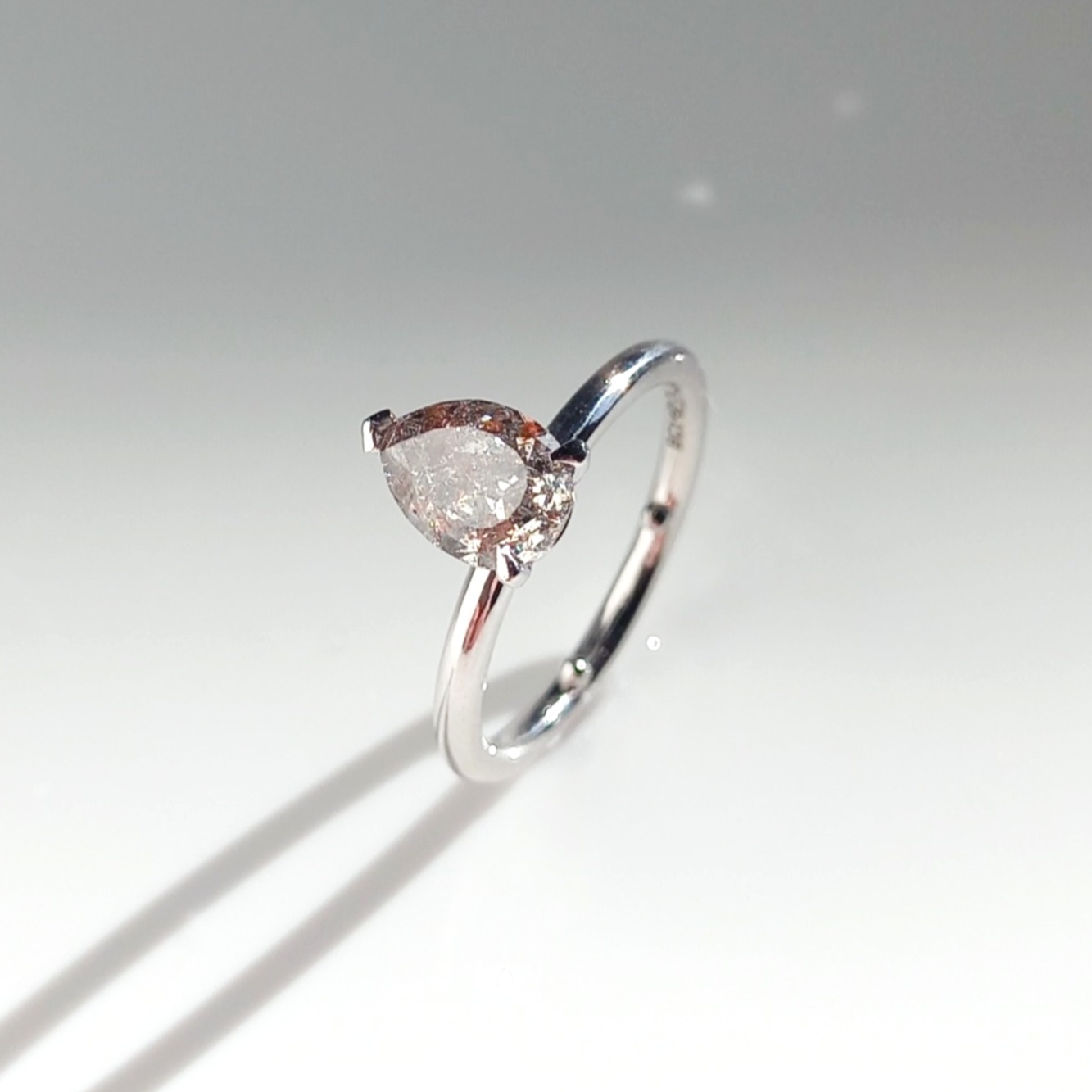 Pear Cut Three Claw Solitaire Diamond Ring, diamond engagement ring, engagement ring, diamond ring, pear diamond, pear cut diamond, salt and pepper diamond, danielle camera jewellery