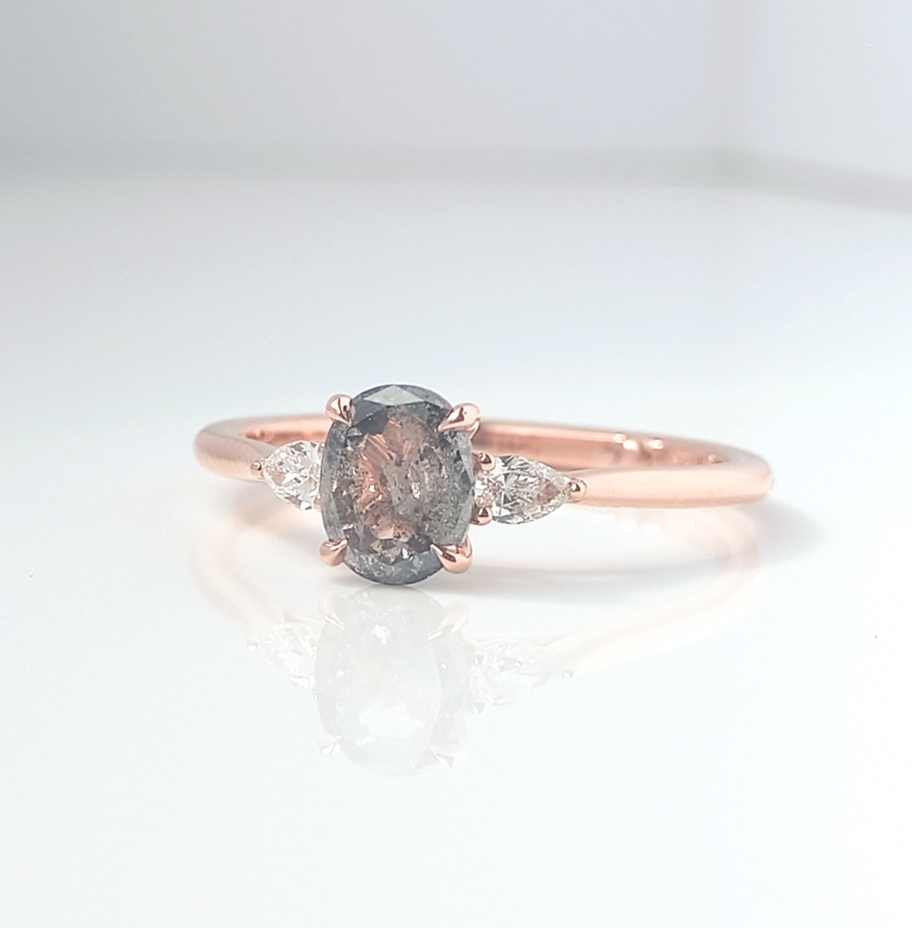Oval Cut Trilogy Diamond Ring, engagement ring, emerald cut diamond, salt and pepper diamond, danielle camera jewellery