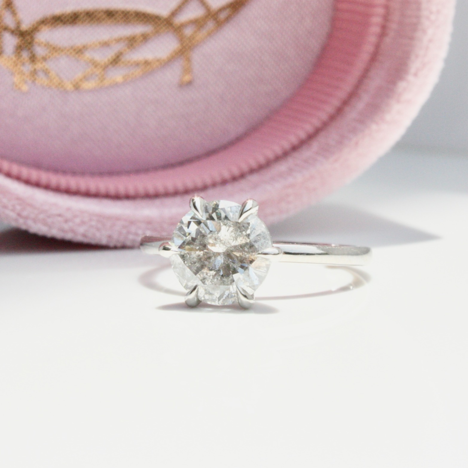 Round Brilliant Cut Six Claw Solitaire Diamond Ring, diamond engagement ring, diamond ring, engagement ring, round diamond, salt and pepper diamond, danielle camera jewellery