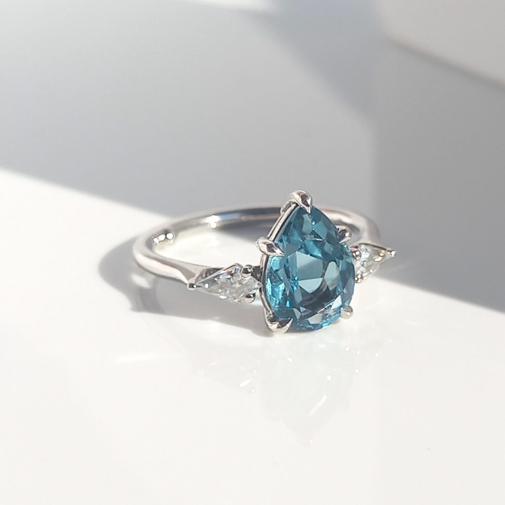 Topaz and Moissanite Trilogy Ring, Custom Engagement Ring, Engagement Ring, Moissanite Ring, gemstone ring, Trilogy Ring, Recycled Gold, Danielle Camera Jewellery.