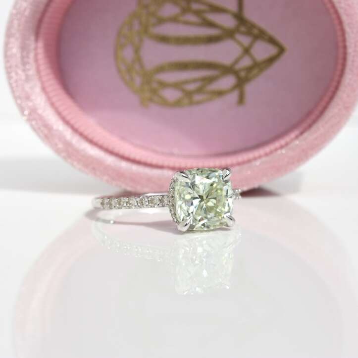 Cushion Cut Hidden Halo Solitaire Melee Diamond Ring, diamond engagement ring, diamond ring, cushion cut diamond, hidden halo ring, danielle camera jewellery