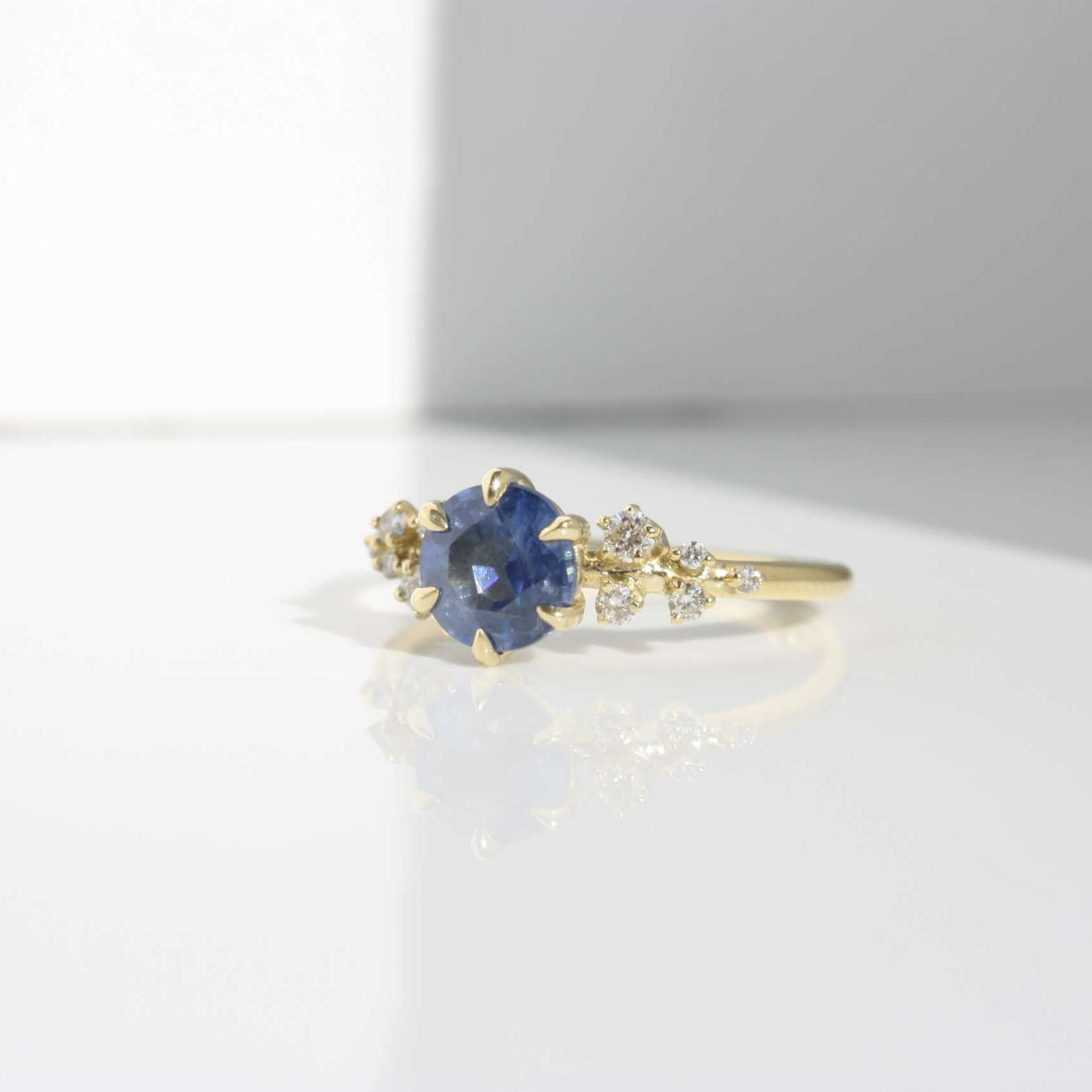 Round Sapphire Cosmos Ring, engagement ring, sapphire ring, blue sapphire, round sapphire, Melanie Casey, yellow gold ring, Danielle Camera Jewellery