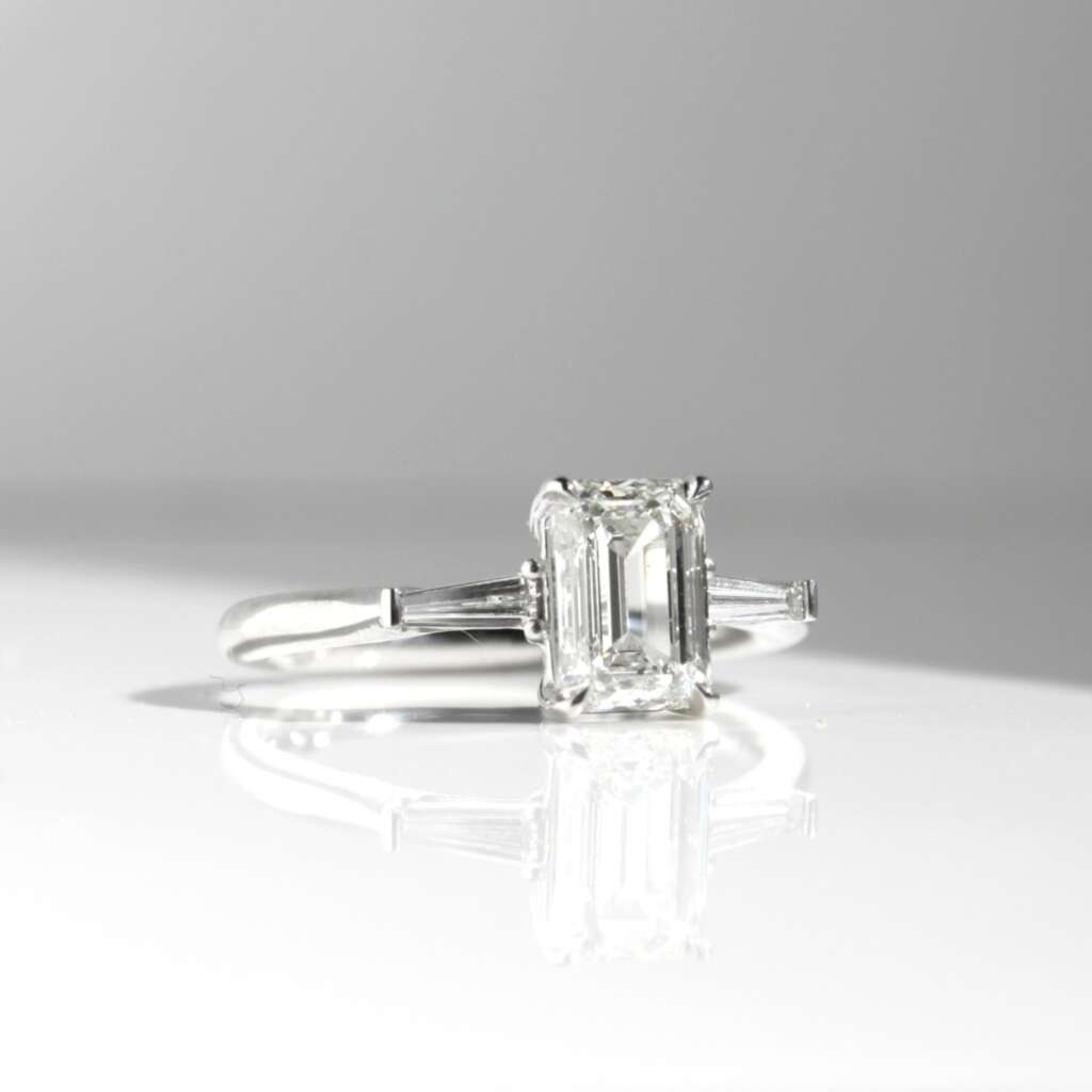 EMERALD CUT TRILOGY DIAMOND RING, diamond ring, engagement ring, emerald cut diamond, trilogy ring, platinum ring, natural diamond, danielle camera jewellery