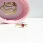 Petite trilogy ring. Ruby and Diamond Trilogy Ring, trilogy ring, engagement ring, natural ruby, ruby ring, diamond, diamond ring, , white gold ring, yellow gold ring, Danielle Camera Jewellery