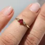 Petite trilogy ring. Ruby and Diamond Trilogy Ring, trilogy ring, engagement ring, natural ruby, ruby ring, diamond, diamond ring, , white gold ring, yellow gold ring, Danielle Camera Jewellery