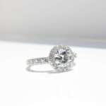 Round Brilliant Cut Halo Melee Diamond Ring, diamond engagement ring, engagement ring, round diamond, danielle camera jewellery, white gold ring, halo ring