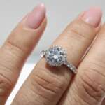 Round Brilliant Cut Halo Melee Diamond Ring, diamond engagement ring, engagement ring, round diamond, danielle camera jewellery, white gold ring, halo ring
