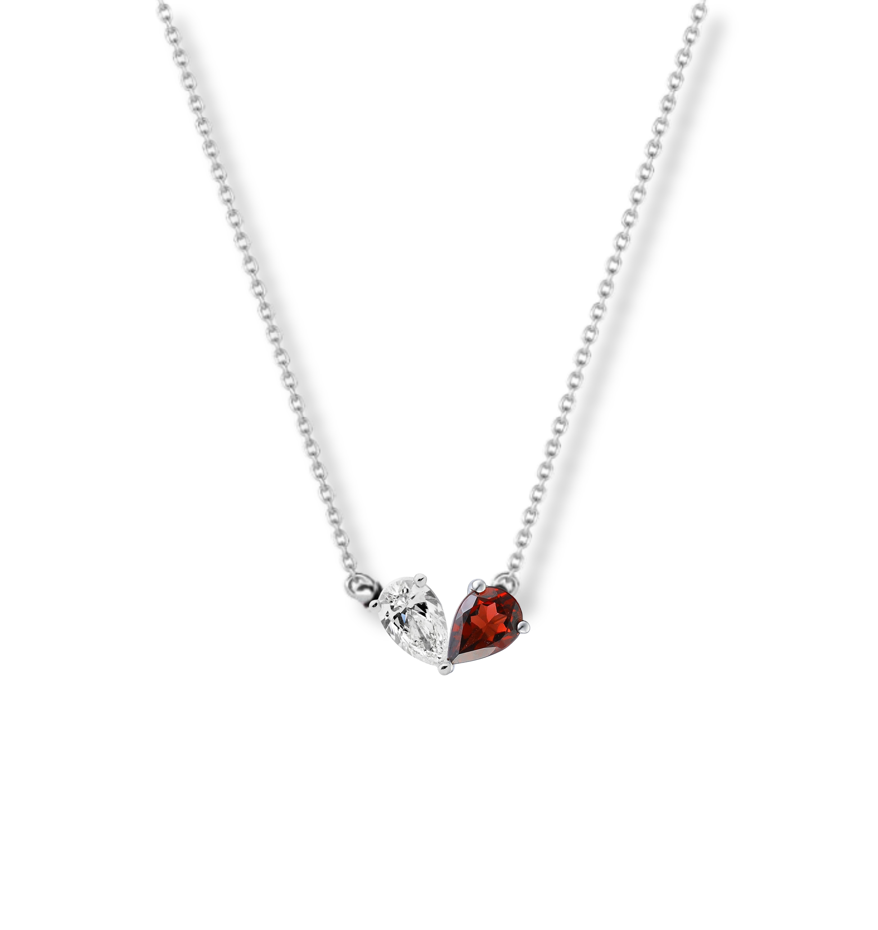 The Perfect Pair Necklace, gemstone necklace, heart necklace, silver necklace, garnet pendant, mossanite pendant, white gold pendant, rose gold pendant, yellow gold pendant, pear shape diamond, danielle camera jewellery, valentines day gift