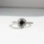 Round Halo Melee Diamond Ring, diamond engagement ring, engagement ring, round diamond, black diamond, danielle camera jewellery, white gold ring, halo ring