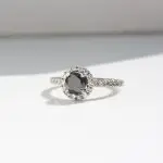 Round Halo Melee Diamond Ring, diamond engagement ring, engagement ring, round diamond, black diamond, danielle camera jewellery, white gold ring, halo ring