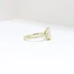 Pavé Hidden Halo Ring with radiant-cut centre stone, sleek cat claws, and delicate melee diamond halo set in luxurious recycled gold or platinum pavé band, handcrafted in Johannesburg.
