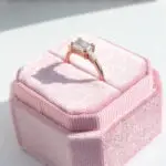 East West Trilogy Ring, Emerald & Tapered Baguette-Cut, trilogy ring, three stone ring, engagement ring, emerald cut diamond, laboratory-grown diamond, rose gold ring, recycled gold, danielle camera jewellery