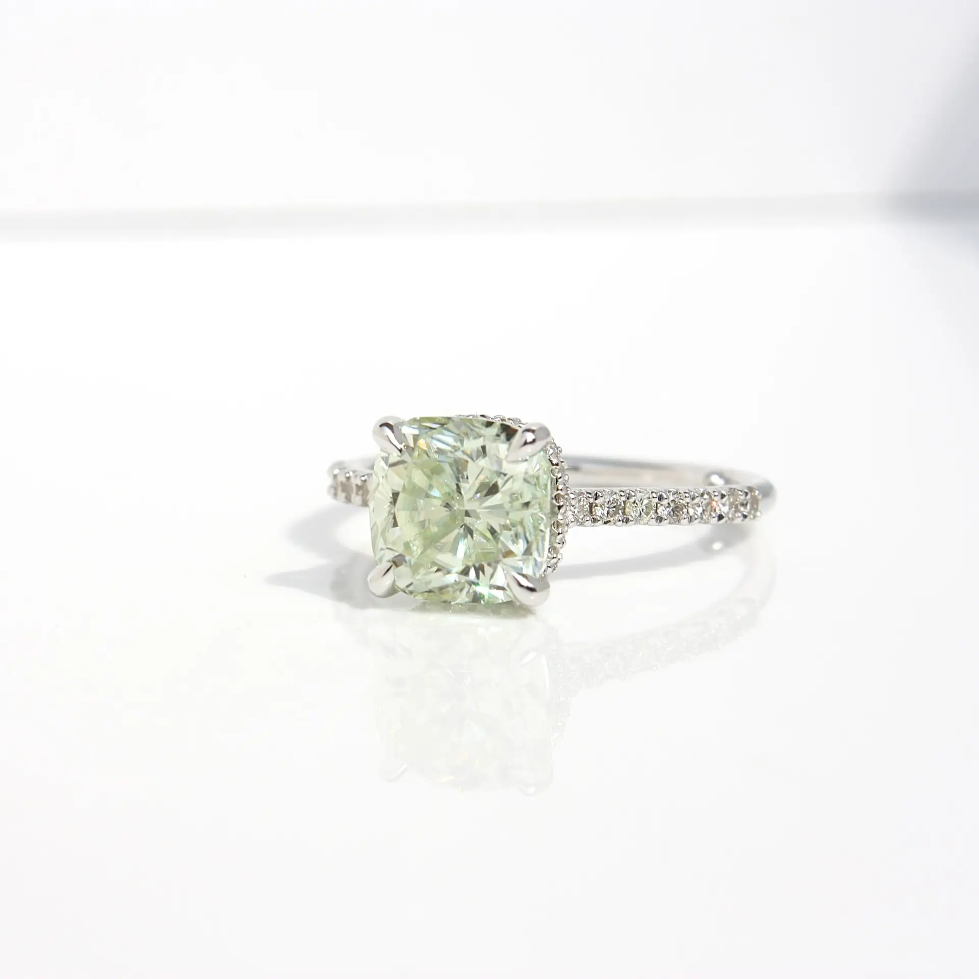 Laboratory-Grown Diamond Pavé Hidden Halo Ring, Cushion-Cut, diamond ring, engagement ring, cushion cut diamond, diamond, white gold ring, Danielle Camera Jewellery