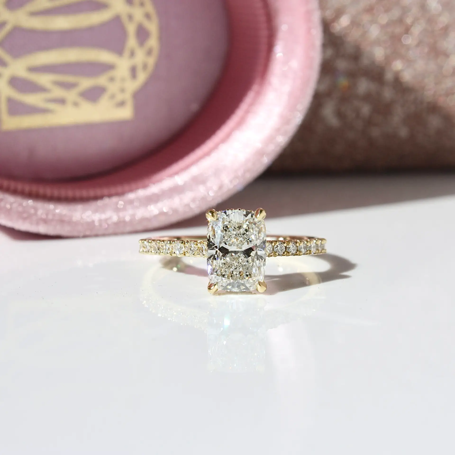 Laboratory-Grown Diamond Pavé Hidden Halo Ring, Elongated Cushion-Cut, diamond ring, diamond engagement ring, elongated cushion cut diamond, danielle camera jewellery
