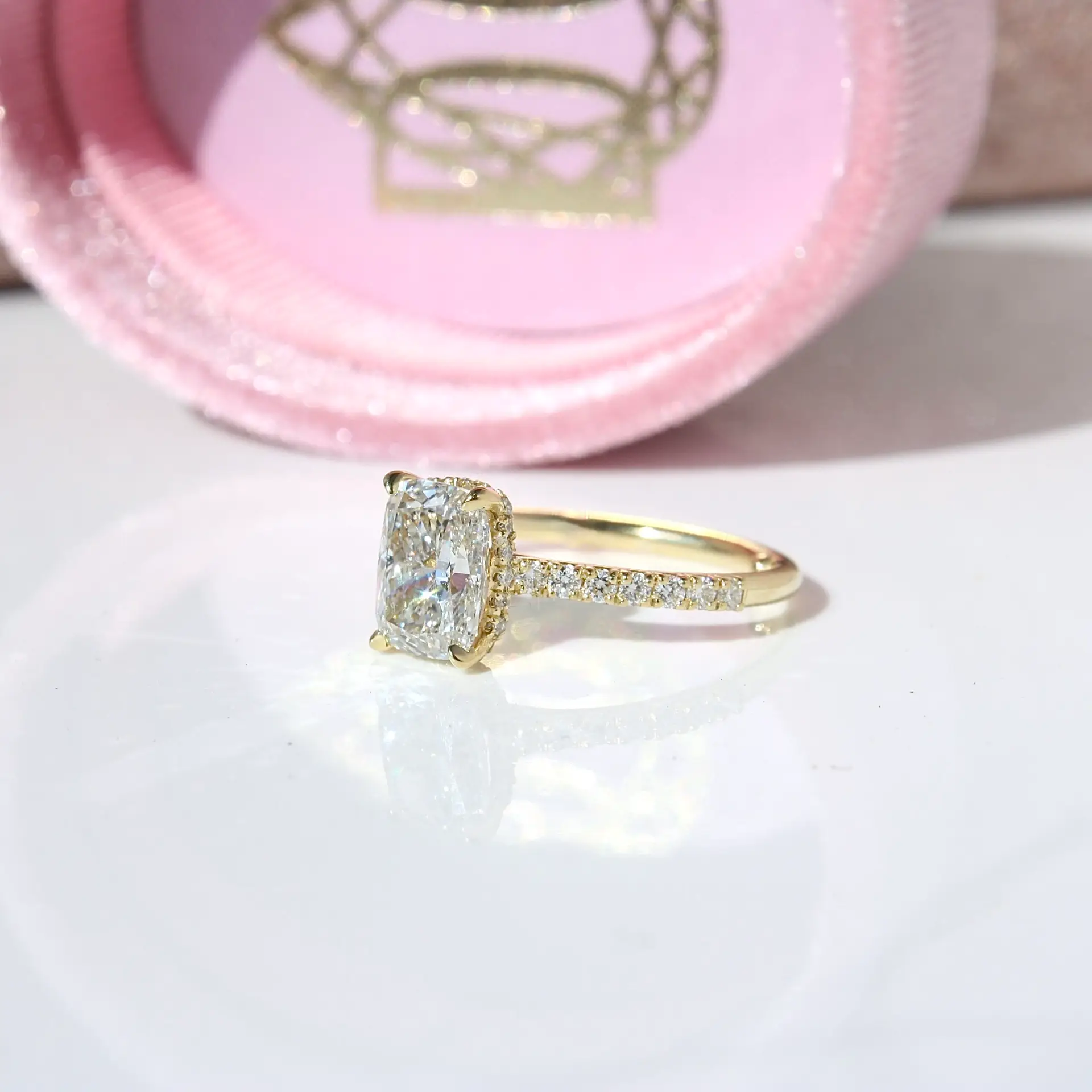 Laboratory-Grown Diamond Pavé Hidden Halo Ring, Elongated Cushion-Cut, diamond ring, diamond engagement ring, elongated cushion cut diamond, danielle camera jewellery