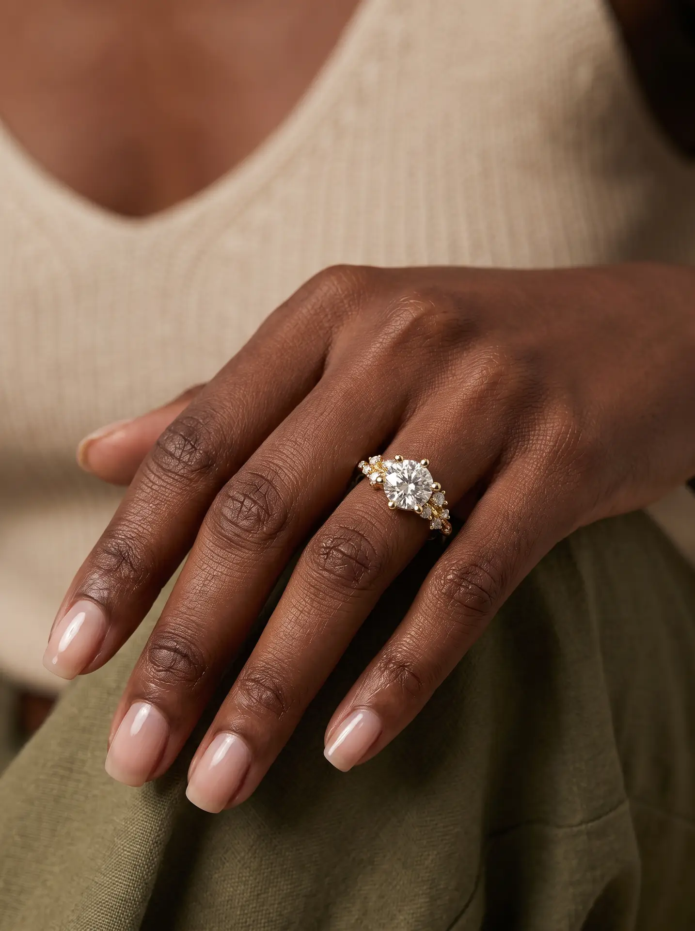 A close-up lifestyle photo of a gold round cut diamond cluster engagement ring worn on a woman's hand.