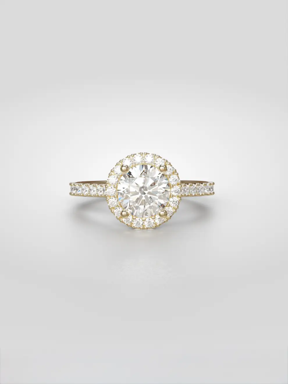 Round lab-grown diamond halo engagement ring with a sparkling pavé melee diamond band in gold.