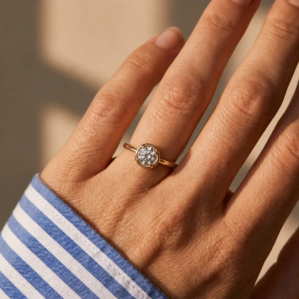 Round diamond solitaire ring with a tube accent and yellow gold cathedral setting.